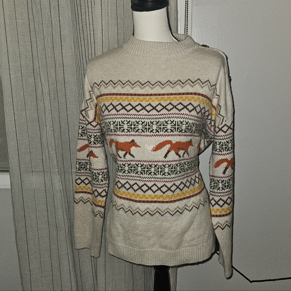 Talbots Cream and Orange Fox Pattern Crewneck Sweater